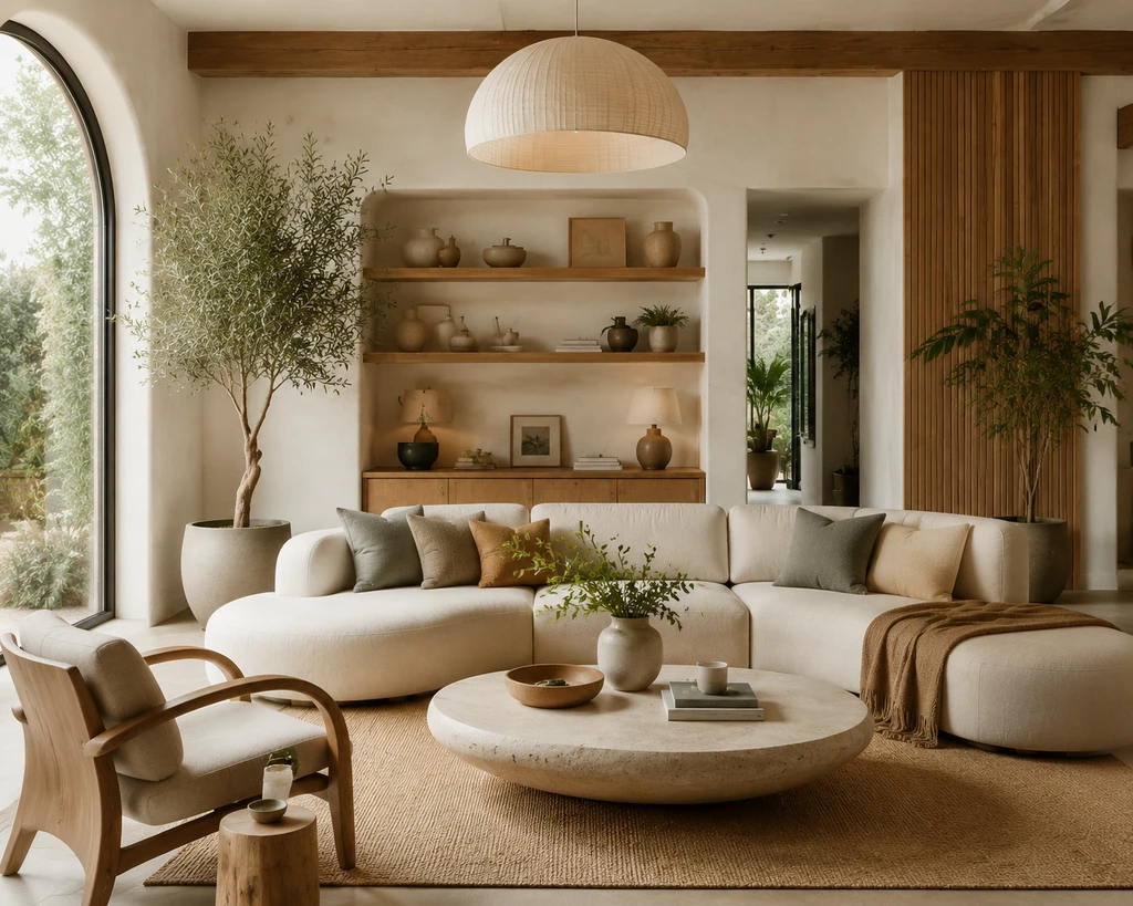 Modern organic living room with natural wood, curved furniture, neutral tones, plants, and textured decor.