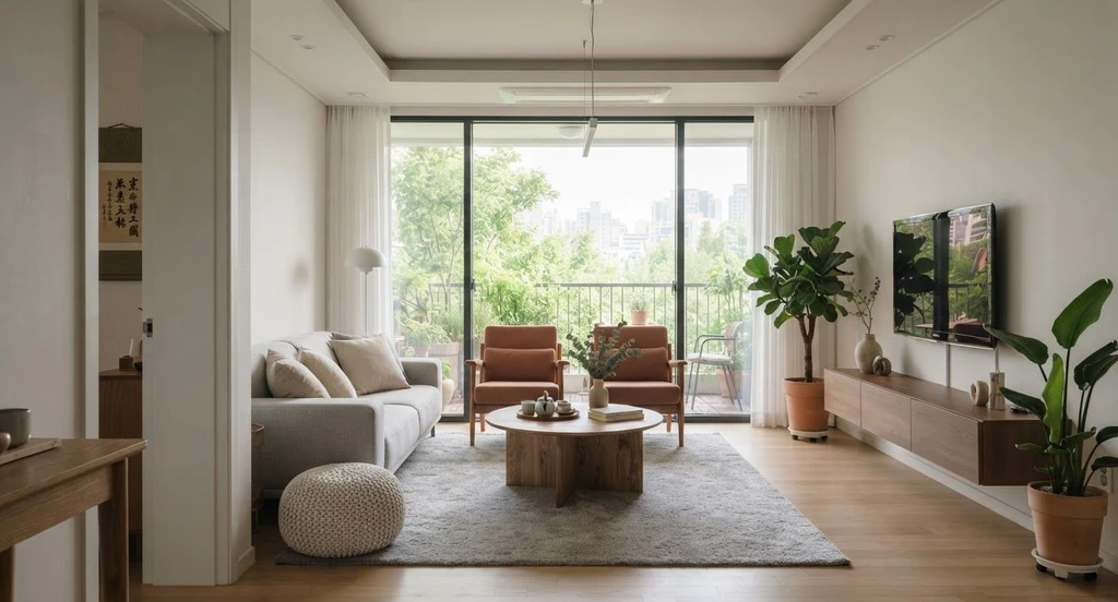 Modern minimalist living room with a white sofa, brown accent chairs, wooden coffee table, floating TV console, indoor plants, and large glass doors overlooking a green outdoor view.
