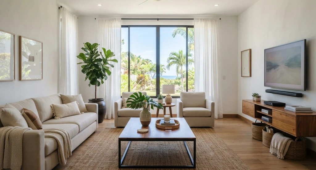 Bright modern living room with a cream sofa, armchairs, wooden TV console, large windows, indoor plants, neutral decor, and natural sunlight creating a warm tropical-inspired atmosphere.