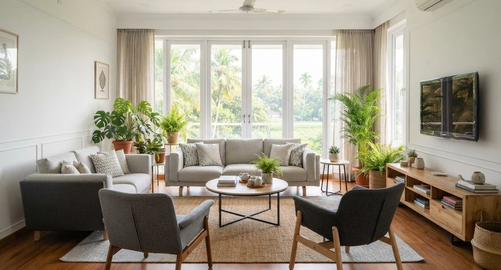 Bright modern living room with gray and white sofas, accent chairs, wooden TV console, round coffee table, indoor plants, and large windows overlooking lush greenery.