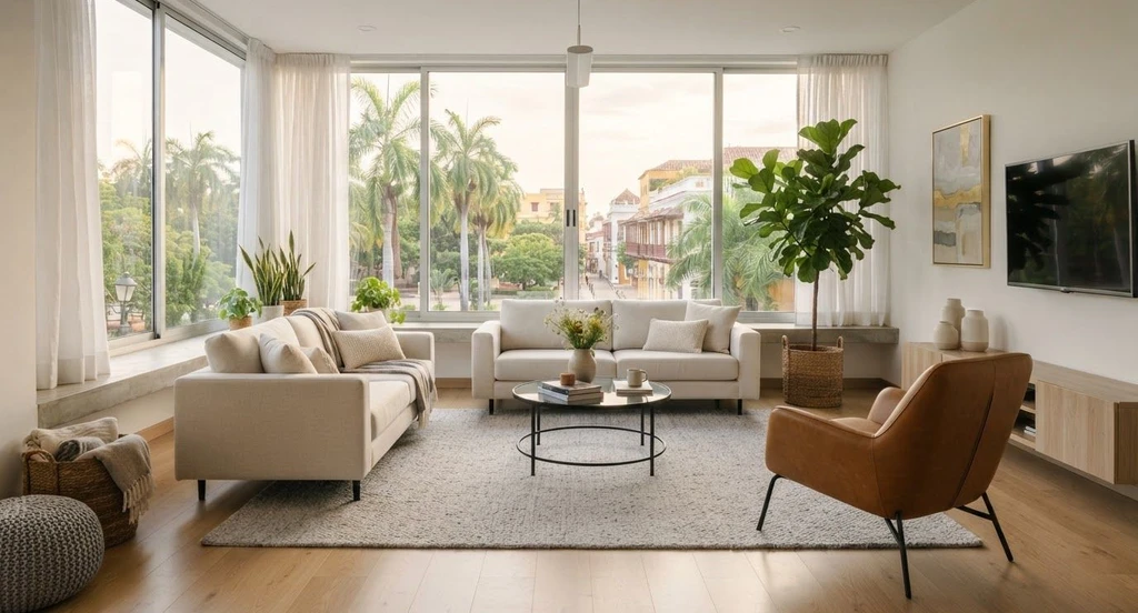 Bright modern living room with cream sofas, a brown accent chair, round coffee table, large floor-to-ceiling windows, indoor plants, and minimalist decor overlooking a lush outdoor view.