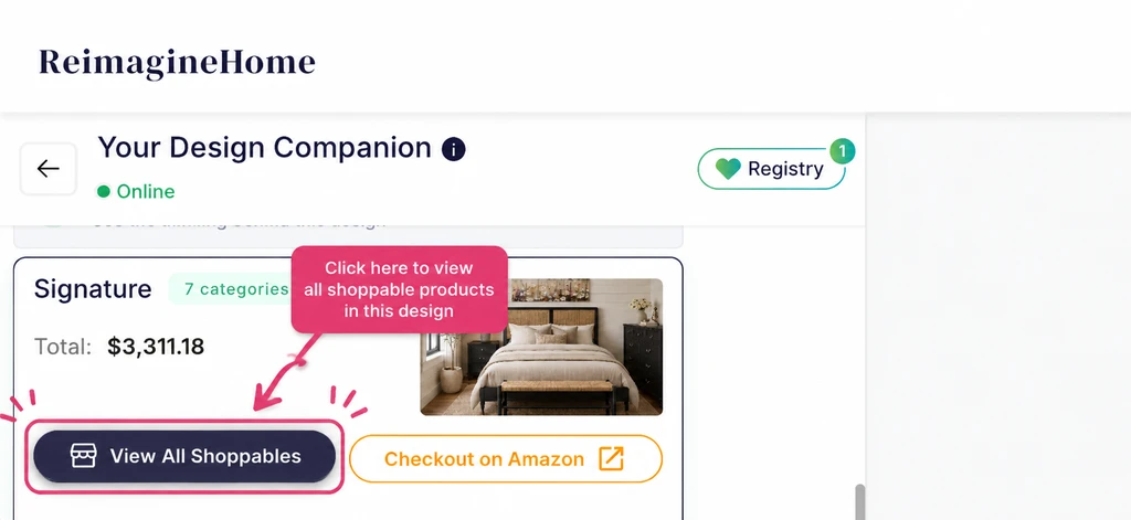 ReimagineHome AI shoppable design interface showing a room visualization with product details, shoppable items, and checkout options.