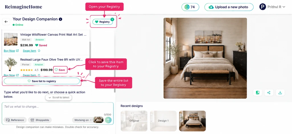 ReimagineHome AI Registry interface showing individual product saves and saving the complete product list for a designed room.