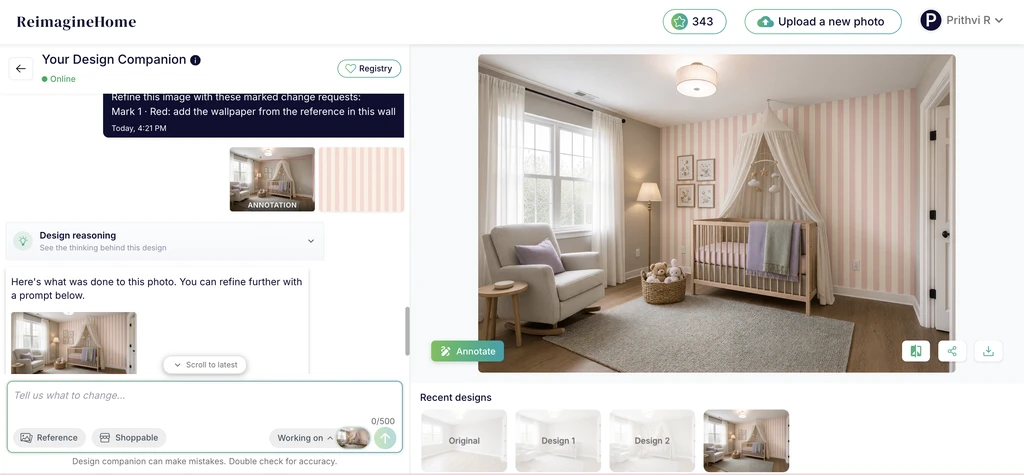ReimagineHome AI interface showing an annotated nursery redesign with reference image guidance and AI-generated room transformation.
