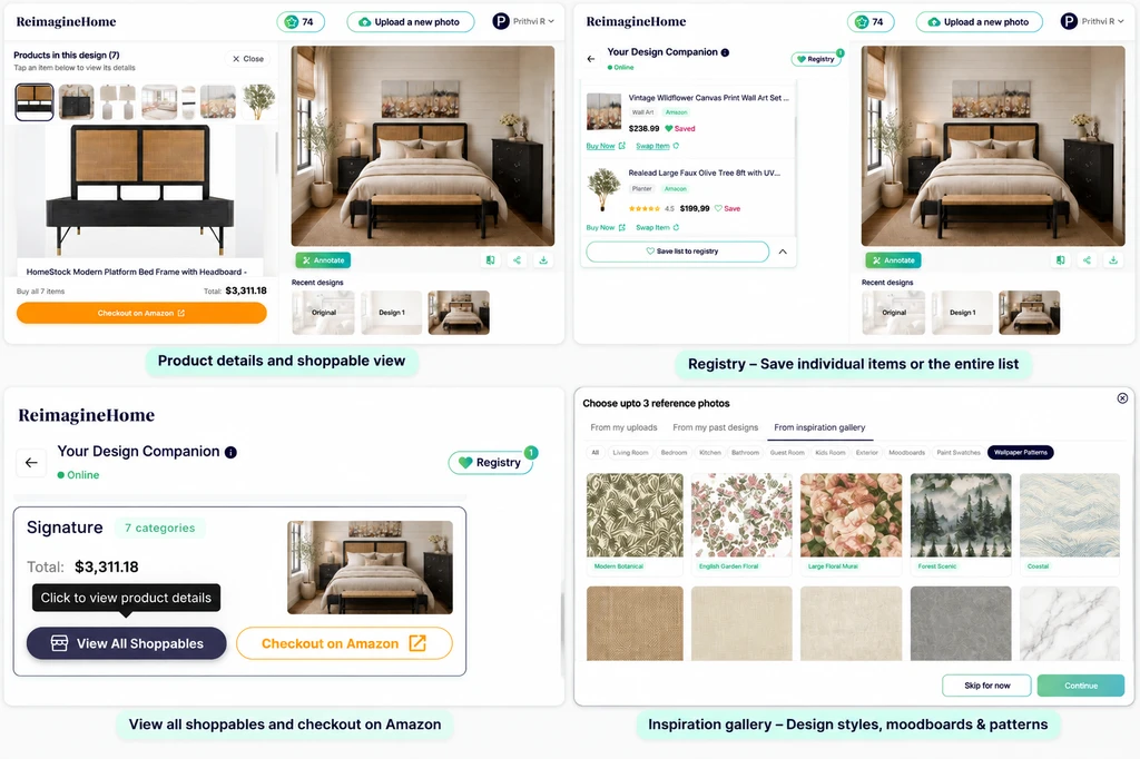 ReimagineHome AI feature overview showing shoppable products, Registry, product details, and Inspiration Gallery workflows.