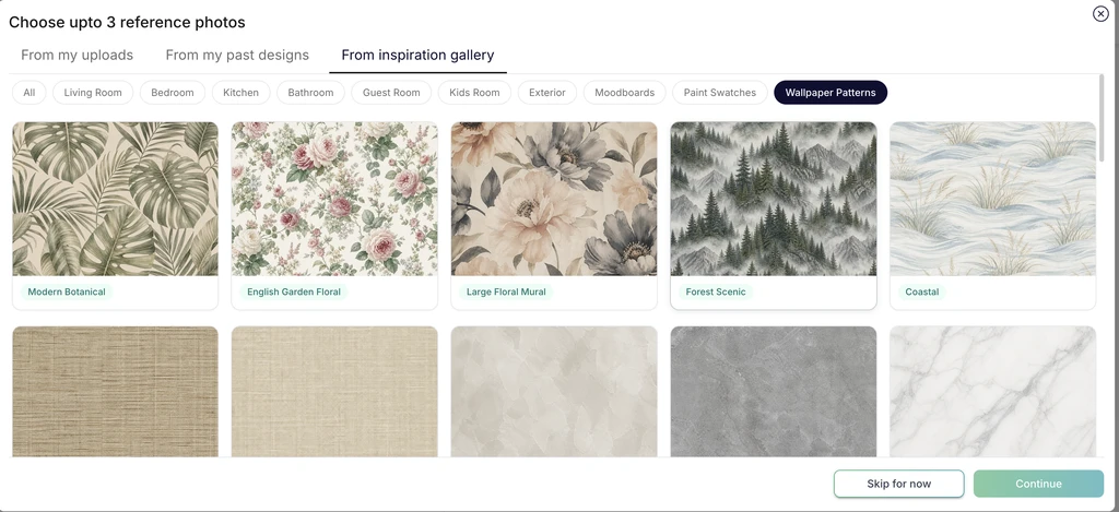 ReimagineHome AI Inspiration Gallery showing curated reference images including wallpaper patterns, room styles, moodboards, and design categories.