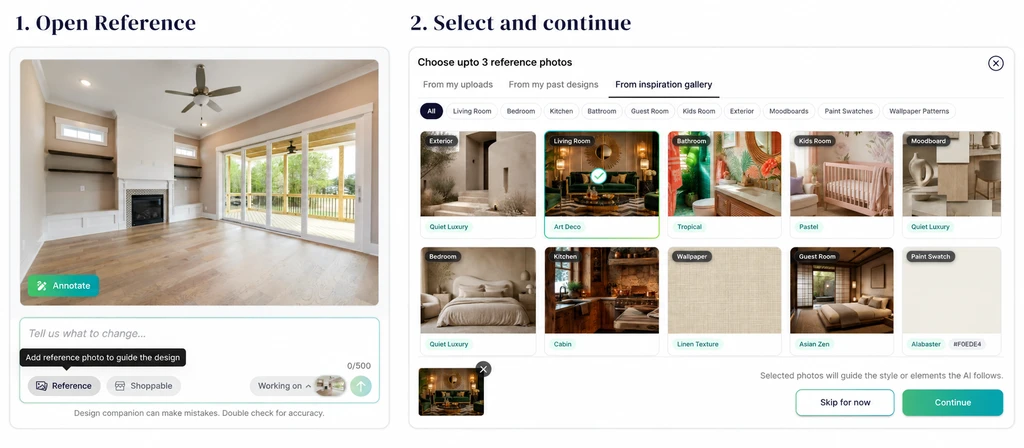 Reference button beside an empty living room, followed by the gallery with an Art Deco reference selected and Continue button.