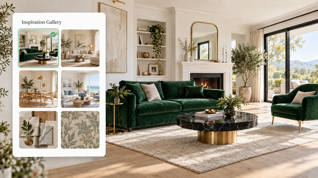 Inspiration Gallery concept showing room styles, a moodboard, and wallpaper beside an emerald green living room with brass accents.