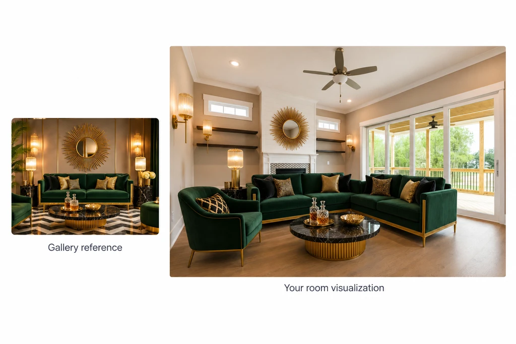Art Deco gallery reference beside a living room visualization featuring similar emerald upholstery, gold accents, and a sunburst mirror.