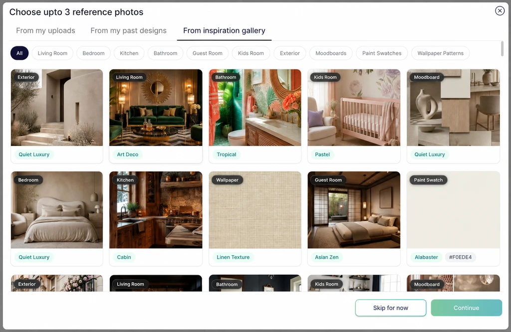 REimagineHome Inspiration Gallery showing room designs, exterior ideas, a moodboard, wallpaper, and a paint swatch.