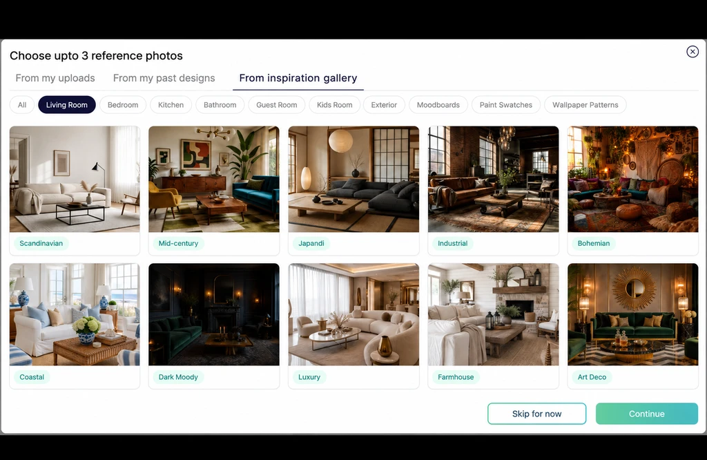 Reference Photos window showing the three-photo limit, a selected Art Deco image, its thumbnail, and the Continue button.