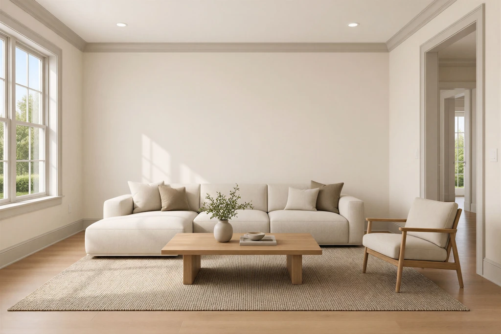 Living room with Alabaster walls and soft neutral trim creating a subtle, cohesive look.