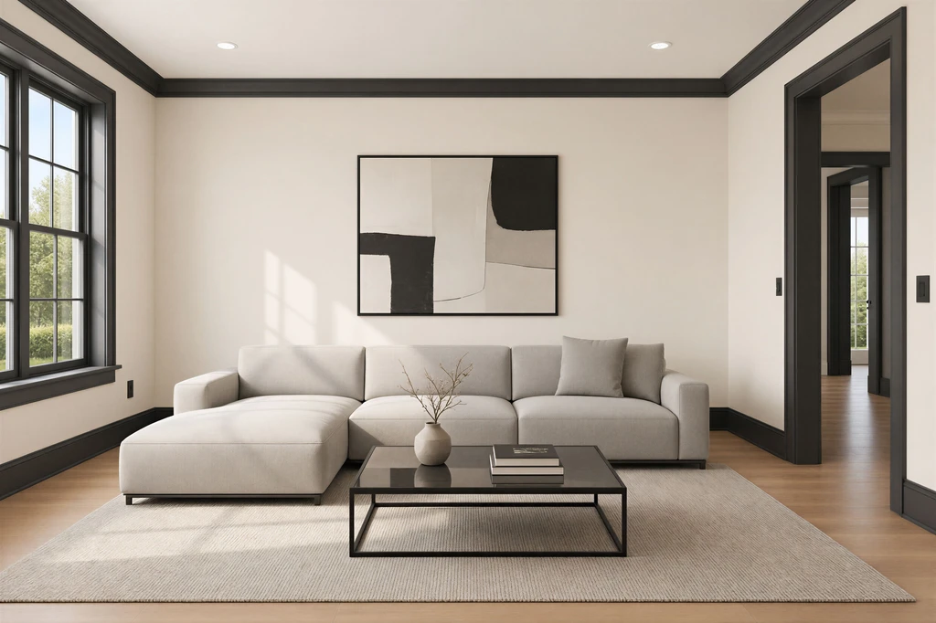 Living room with Alabaster walls and bold black trim around the windows, doors, baseboards, and crown molding.