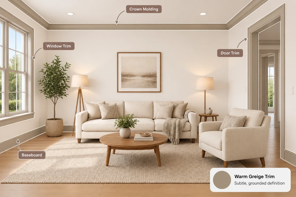 Living room with Alabaster walls and warm greige trim highlighted around the windows, doors, baseboards, and crown molding.