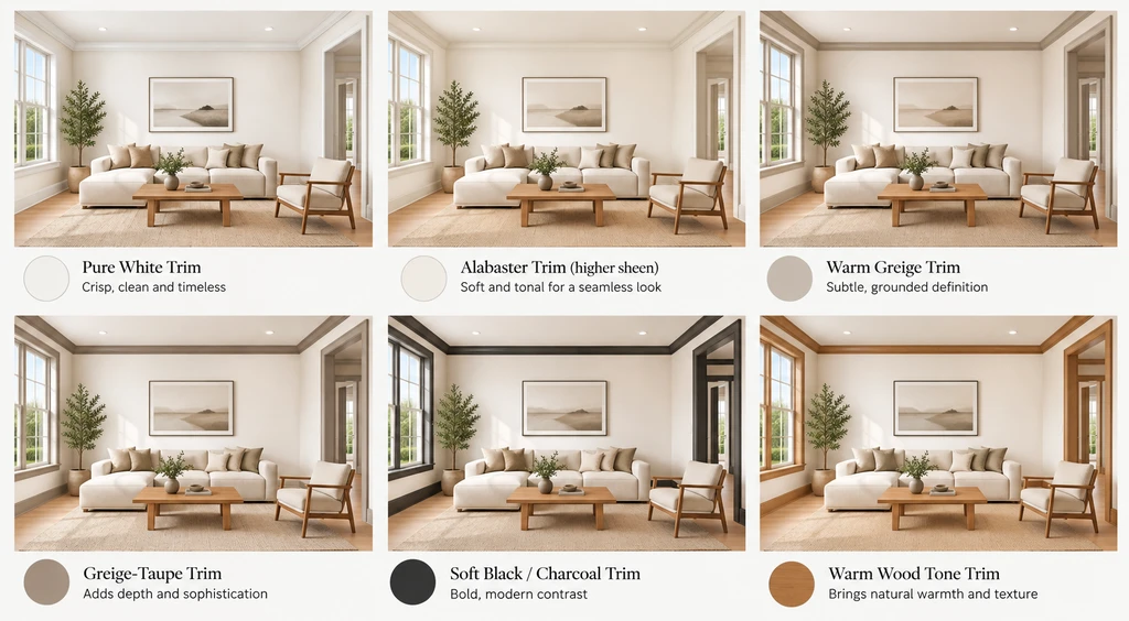 Six Alabaster wall and trim color combinations shown in the same living room.