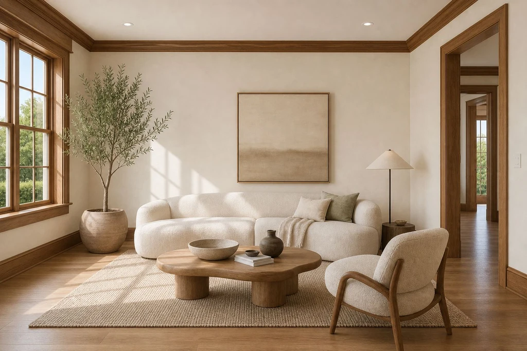Living room with Alabaster walls and warm wood trim around the windows, doors, baseboards, and crown molding.