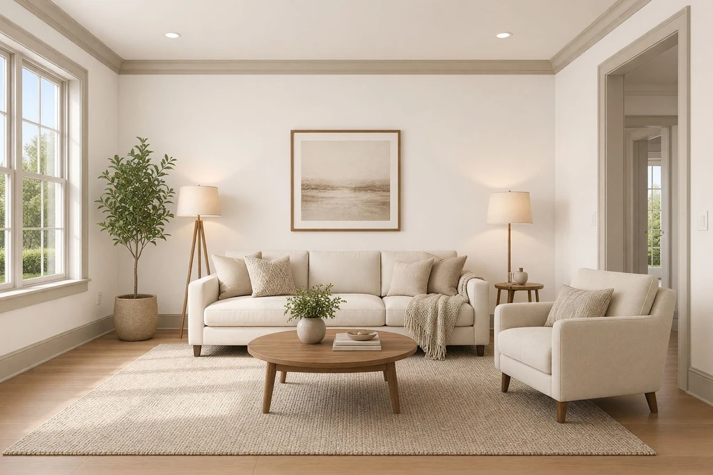 Living room with Alabaster walls and soft neutral trim creating a subtle, cohesive look.