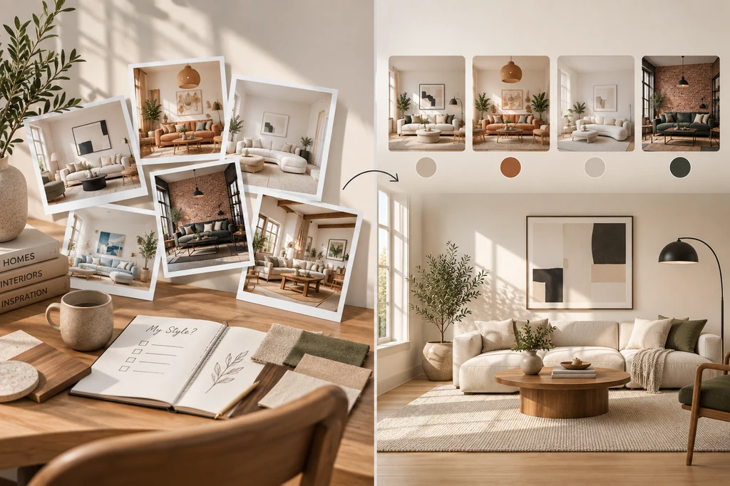 Interior design inspiration board showing multiple room styles and a personalized living room concept.
