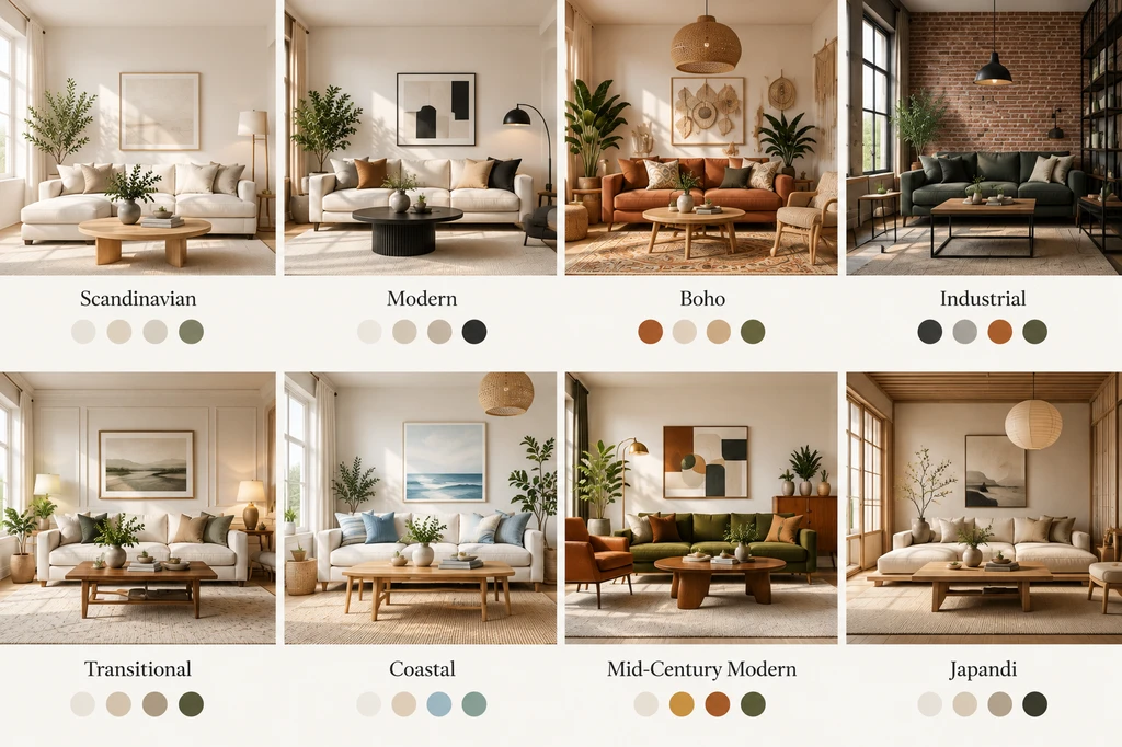 Interior design style collage featuring Scandinavian, Modern, Boho, Industrial, Transitional, Coastal, Mid-Century Modern, and Japandi living rooms.