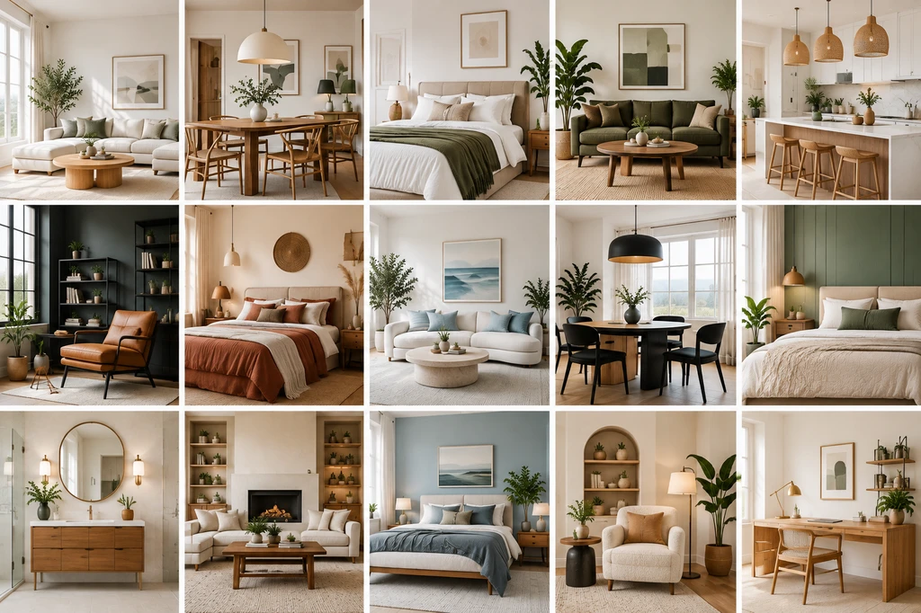 Interior design inspiration collage featuring 15 living rooms, bedrooms, kitchens, and other home spaces in varied styles.
