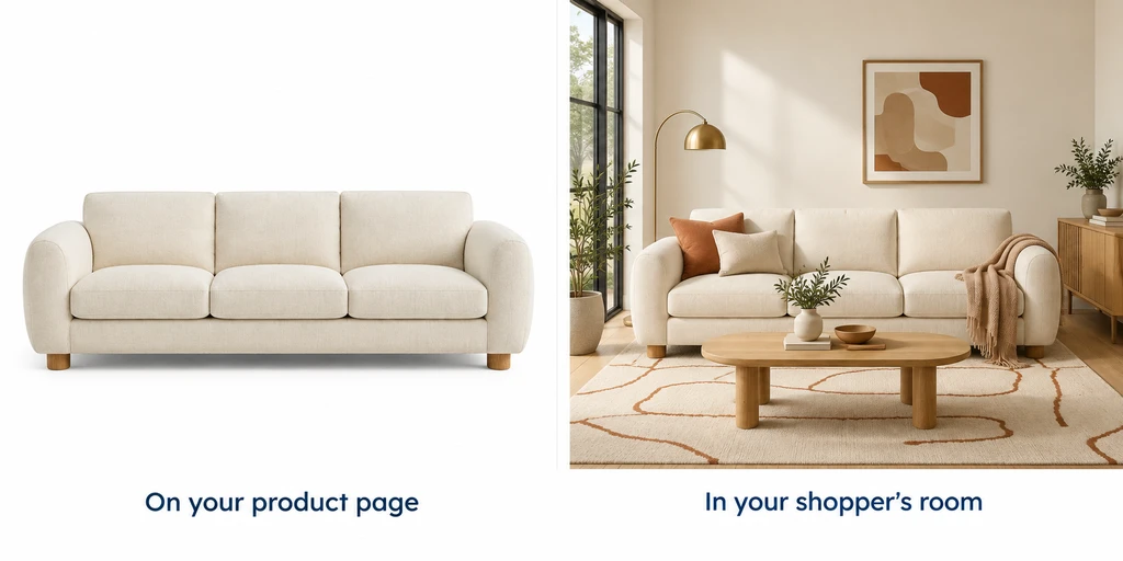 Photorealistic split-view of a living room before and after using a room visualizer for Shopify stores, showing how to visualize products in your room and compare complementary furniture combinations online.