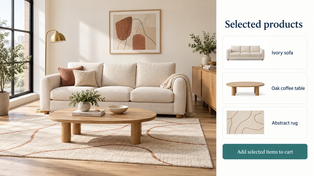 Photorealistic modern living room with a Shopify room visualizer on a laptop showing product previews in a styled space, ideal for home decor merchants to visualize products in your room and compare before and after previews when choosing furniture combinations online.