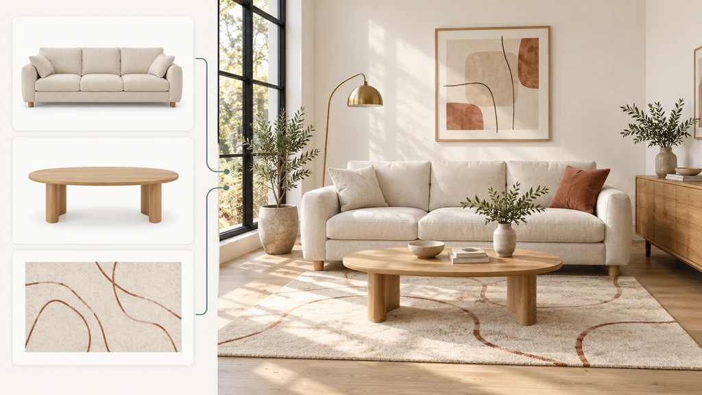 Modern living room digitally staged using a room visualizer for Shopify stores, showing before and after room previews of new furniture in realistic detail.