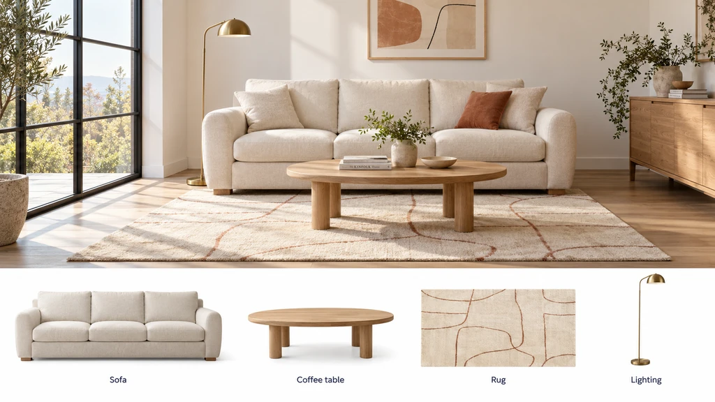 Photorealistic split-view showing a Shopify store room visualizer in use: one side with an empty room, the other side displaying a new accent chair visualized in the shopper’s real room, highlighting how to visualize products in your room online.