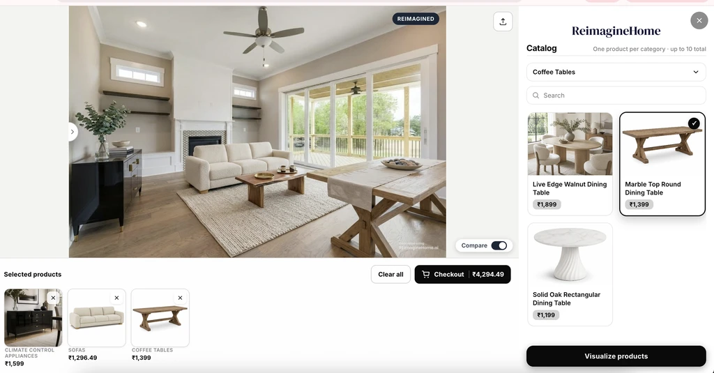 ReimagineHome room visualizer showing multiple selected catalog products staged in a shopper’s living room, with product browsing, comparison, and checkout options.