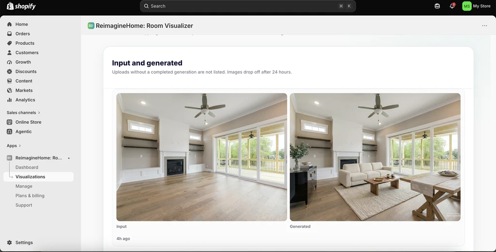 ReimagineHome Shopify app visualization dashboard showing an original empty living room beside the generated furnished room.