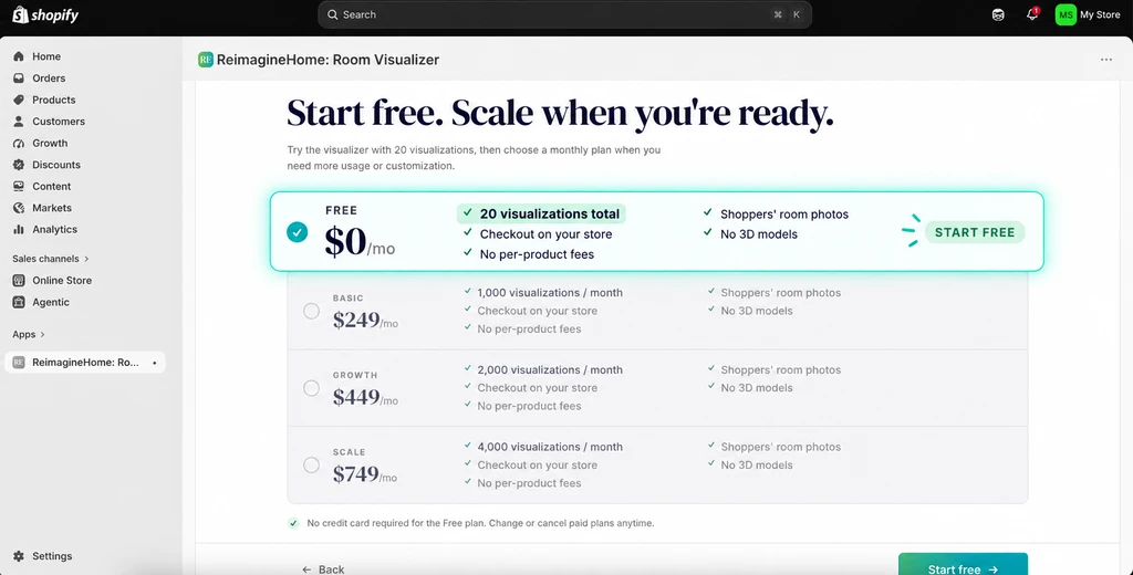Shopify pricing page highlighting ReimagineHome’s free plan with 20 visualizations at $0 per month.