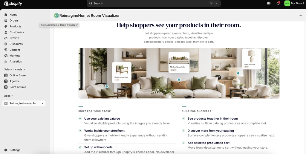 ReimagineHome Shopify app showing a room visualizer with multiple catalog products placed together in a living room.
