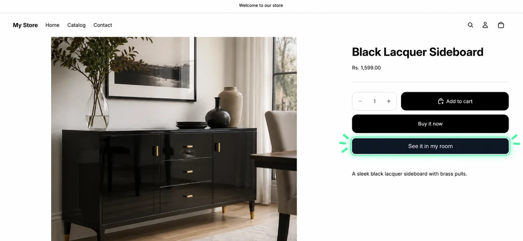 Shopify product page showing a black lacquer sideboard with the “See it in my room” visualization button highlighted in mint green.