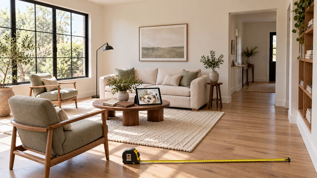 Tape measure extended across a living room floor, with material samples and a tablet displaying a 3D preview nearby.