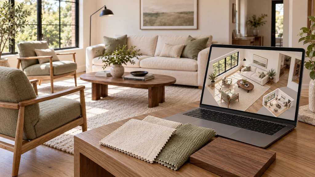 Laptop displaying a 3D living room preview beside cream fabric, sage upholstery and walnut samples.