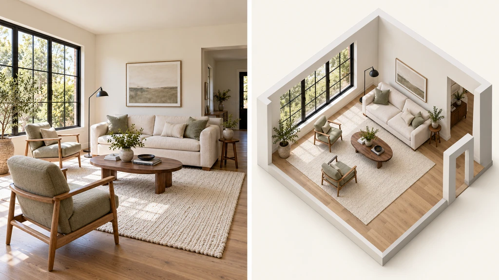 Living room photograph alongside a textured 3D model showing its furniture and layout.