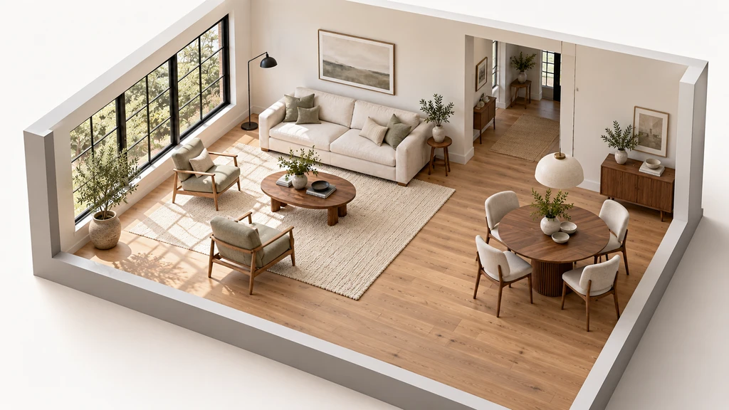 Open-top 3D model of connected living and dining areas with coordinated furniture and open walkways.