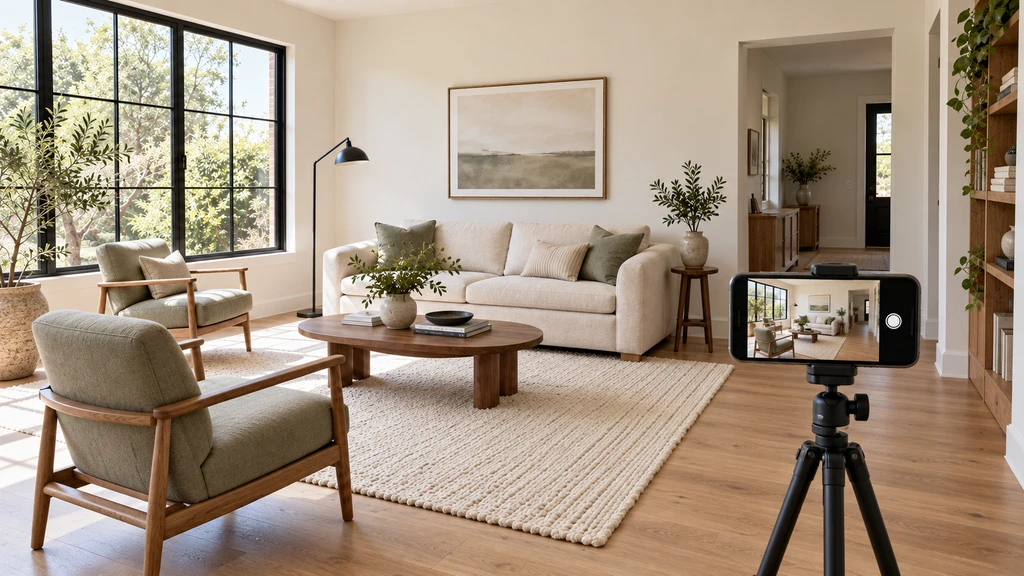 Smartphone on a tripod framing a bright living room with its window, doorway and furniture visible.