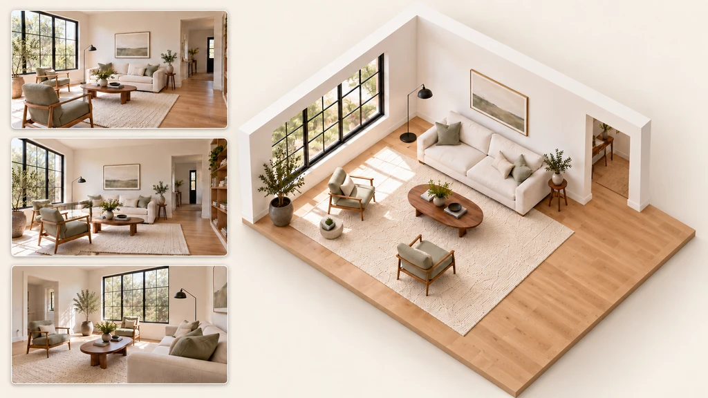 Bright living room with a cream sofa and sage chairs beside a monitor displaying a matching 3D room model.