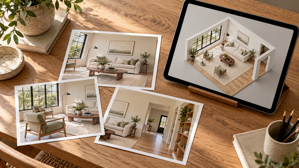 Three living room photographs beside a tablet showing an open-top 3D interior.