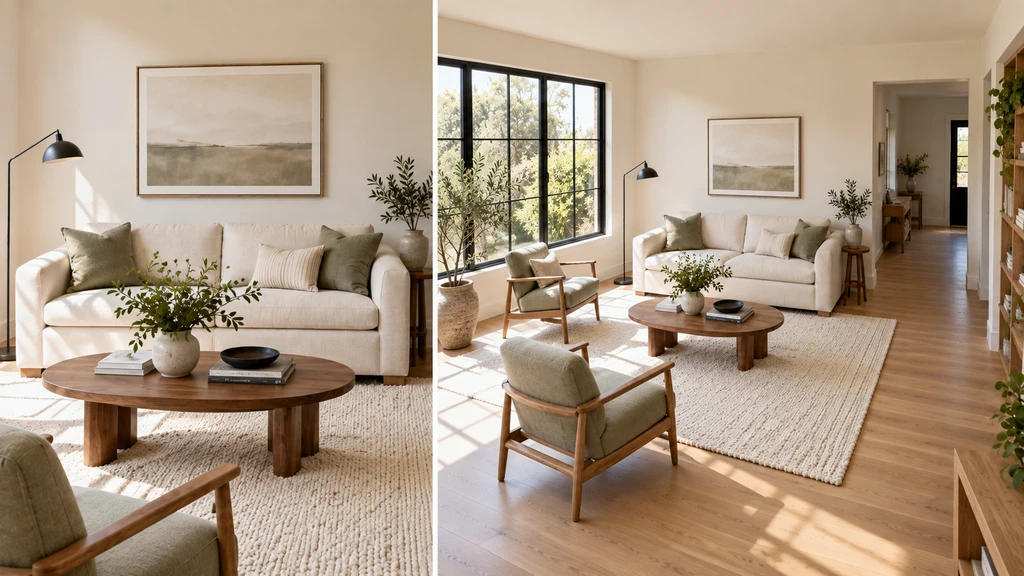 Close and wide views of a living room showing the seating arrangement and route to the doorway.
