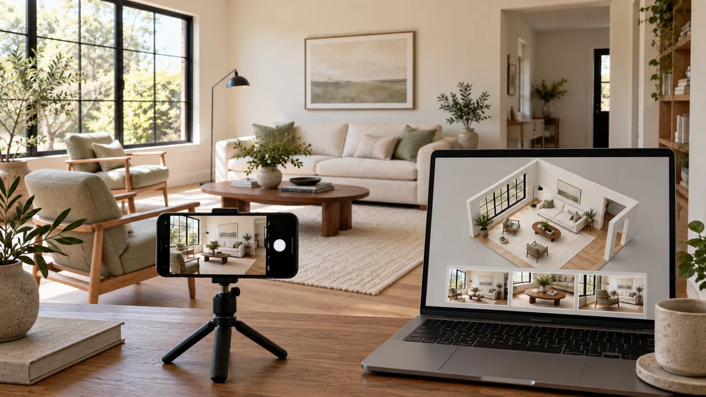 Smartphone photographing a living room beside a laptop displaying photo thumbnails and a 3D room model.