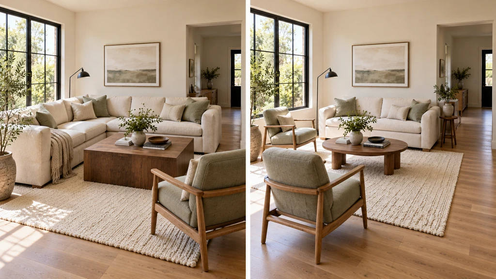 Side-by-side living room layouts comparing a large sectional and square table with a smaller seating arrangement.