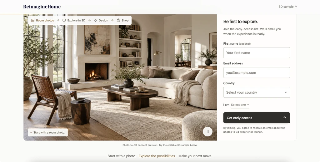 ReimagineHome Photos to 3D early-access page showing a living room preview, 3D design workflow, and waitlist signup form.