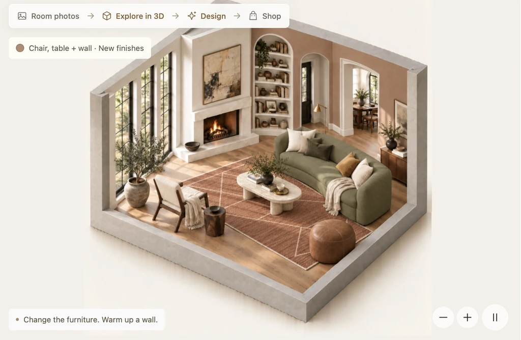 AI-powered photo-to-3D interior design showing a living room transformed into an explorable 3D space for design and shopping