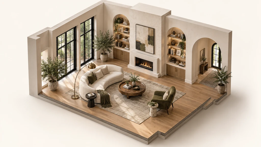 Detailed 3D living room model showing realistic architecture, furniture placement, materials, and spatial relationships from an explorable perspective.