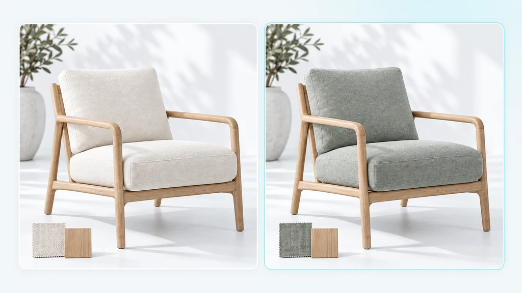 Side-by-side cream and sage versions of an oak armchair, each paired with matching material samples.