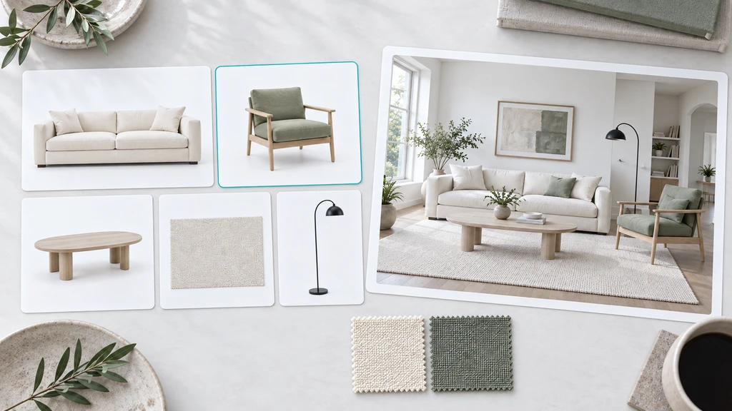 Furniture product photos arranged beside a matching living room photograph and cream and sage fabric swatches.