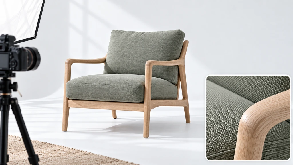 Sage upholstered oak armchair in a photography studio, with an inset showing fabric and wood details.