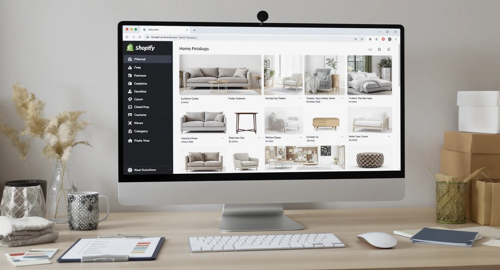 Editorial-quality workspace with a computer displaying a curated Shopify catalog of best product photography for room visualizers, organized to prepare a Shopify product catalog for AI visualization, and product assortment checklist for AI-ready listings visible.